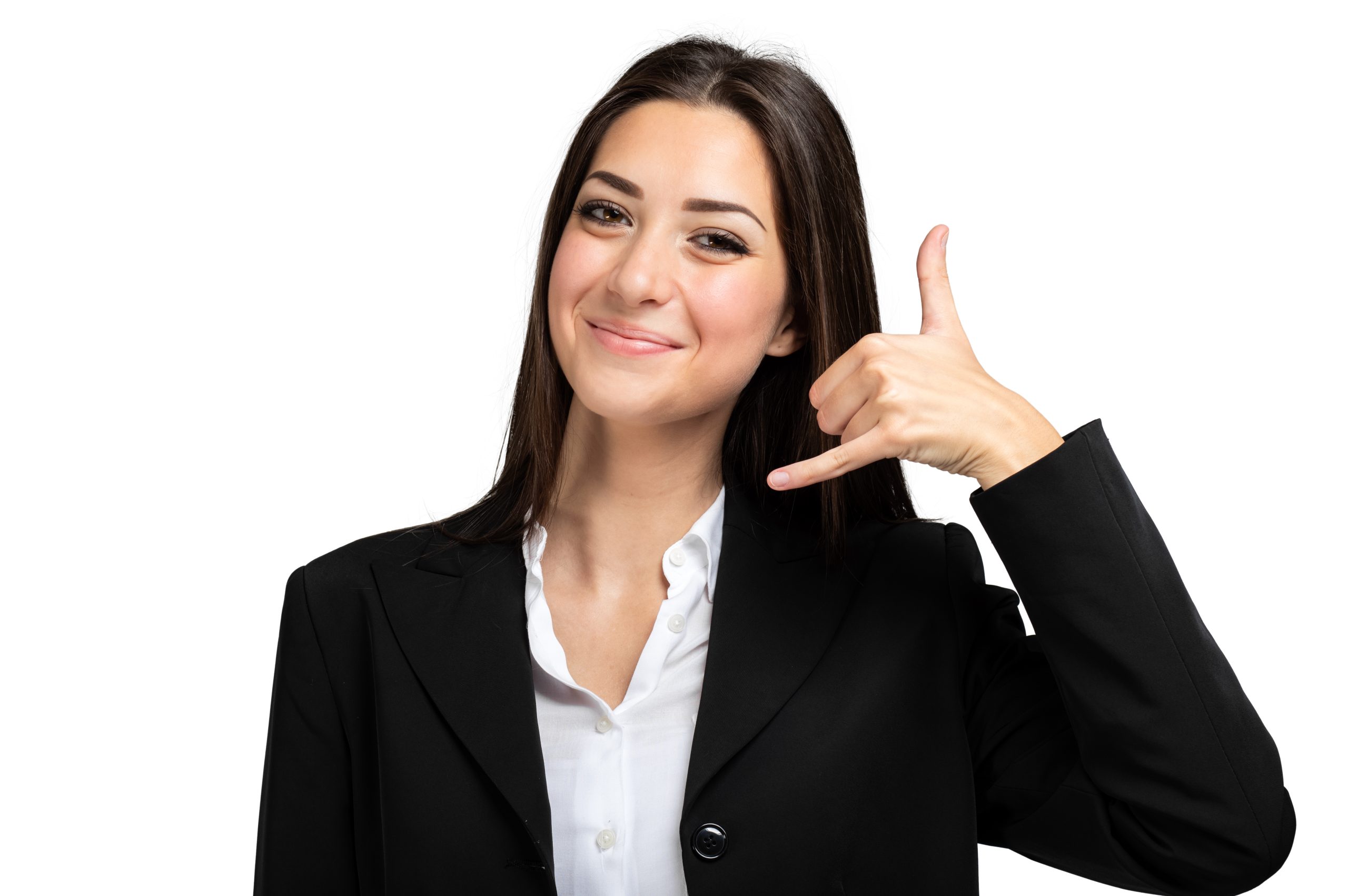 Business woman making a call me sign and smiling, isolated on white